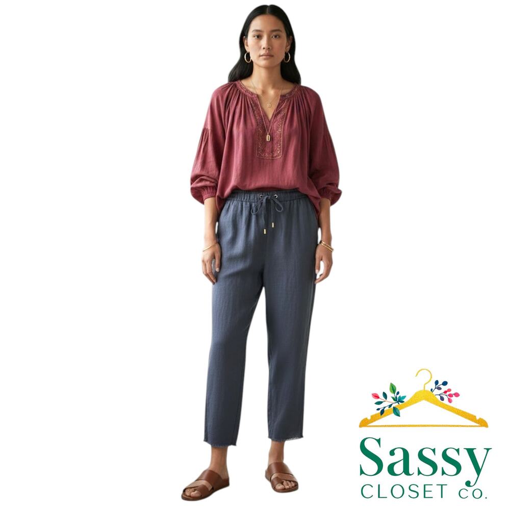 ELLEN TRACY Navy Linen Blend Crop Pants M Drawstring Raw Hem Coastal EUC